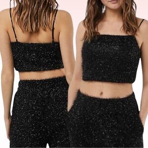 FOREVER 21 Fuzzy Glitter Black Cami Crop Top (Sz M)
